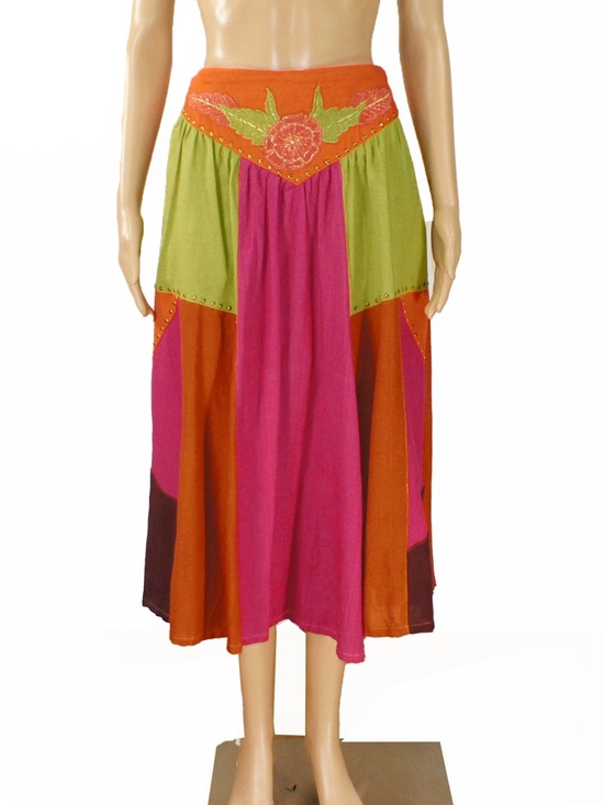 Vintage Dresses & Skirts - Vintage 80s Western Patchwork Orange Pink Green Colourblock Studded Long Skirt